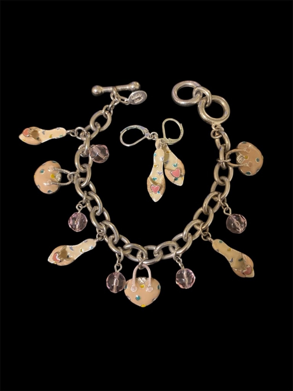 Cookie Lee light pink Enamel Heart & Dangle Charm Bracelet with Pink Beads